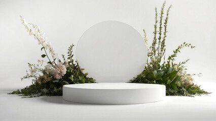 Product display podium with plants and flowers. Ai generative.