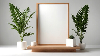 Product display podium with plants and flowers. Ai generative. - 786619889