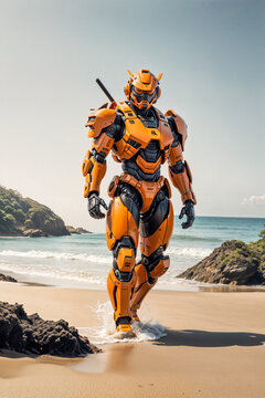 Robot Ninja Samurai Warrior - Orange Warrior On A Beach