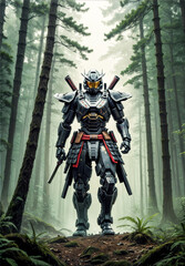 Fototapeta premium robot Ninja Samurai Warrior - Black Warrior forest 
