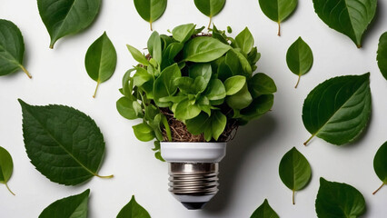 Green eco friendly light bulb made from fresh leaves. AI generative. - 786620448