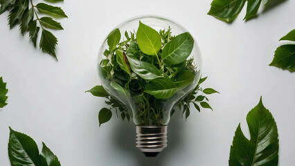 Green eco friendly light bulb made from fresh leaves. AI generative. - 786620470