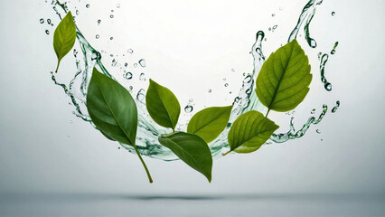 Green fresh floating leaves with water splash. AI generative.
