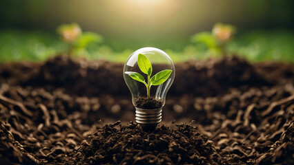 Light bulb in the soil with a plant inside. Green ecosystem inside the light bulb, green energy concept. AI generative.