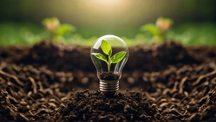 Foto op Plexiglas Light bulb in the soil with a plant inside. Green ecosystem inside the light bulb, green energy concept. AI generative. © Linett