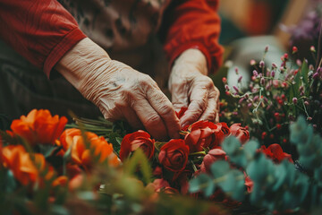 Woman florist making beautiful bouquet in a flower shop. Close-up.