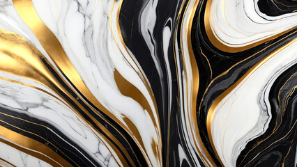 Black, white and gold liquid marble texture, abstract background. AI generative.