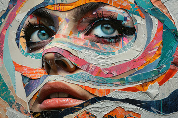 Collage portrait painting facial closeup eye contact print design art poster Generative AI technology