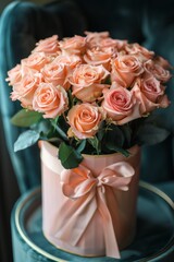 A luxurious arrangement of peach roses in a decorative box, perfect for elegant home decor and gifting.