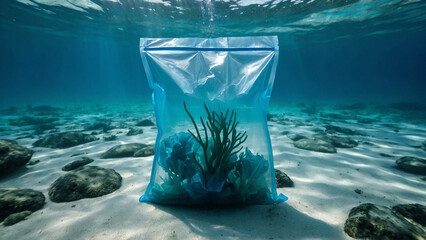 Plastic bag under the sea. Ecology concept. AI generative.