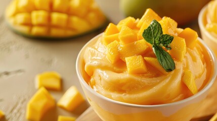 tangy mango sorbet adorned with diced fresh mango, offering a tropical indulgence that tantalizes the taste buds. - obrazy, fototapety, plakaty
