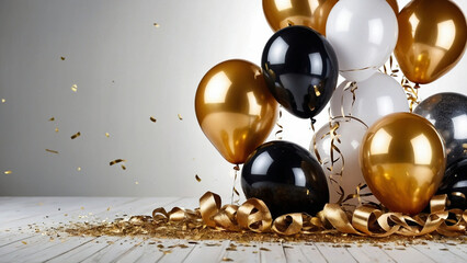 Festive background with black, golden and white realistic balloons. AI generative. - 786621484