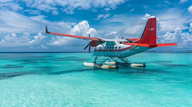 Trans Maldivian Airways Twin Otter seaplanes at Male airport. Exotic scene with Trans Maldivian Airways seaplane on Maldives sea landing. Vacation or holiday in Maldives summer vacation