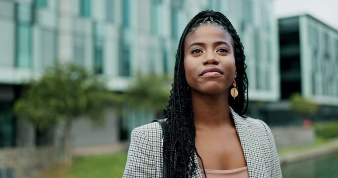 City, business and black woman with commute, thinking and opportunity in professional career on morning travel. Ambition, inspiration and businesswoman with confidence, pride and positive attitude