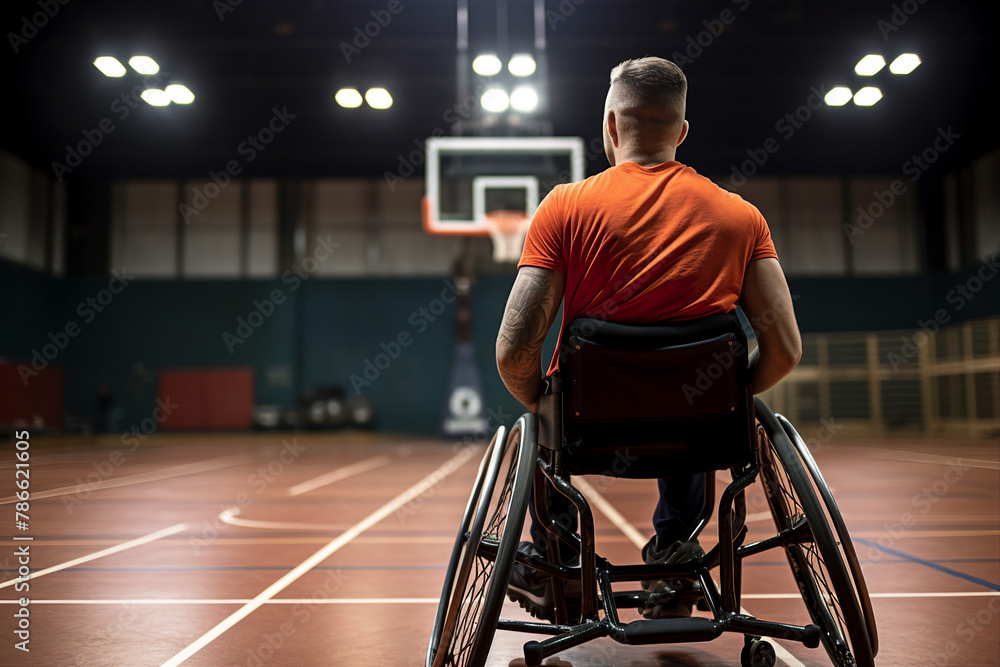 Poster disabled athlete participating in wheelchair sports in a stadium made with generative ai