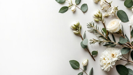 Feminine desktop mockup with white flowers, flat lay, white background. AI generative.