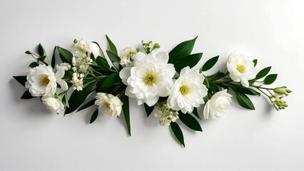 Feminine desktop mockup with white flowers, flat lay, white background. AI generative.