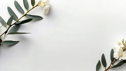 Feminine desktop mockup with white flowers, flat lay, white background. AI generative. - 786621858