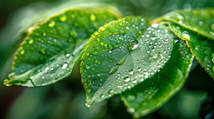 Transparent drops of water dew on leaf close up.Natural background