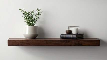 Wood shelf on white wall, mockup, modern interior. AI generative. - 786622081