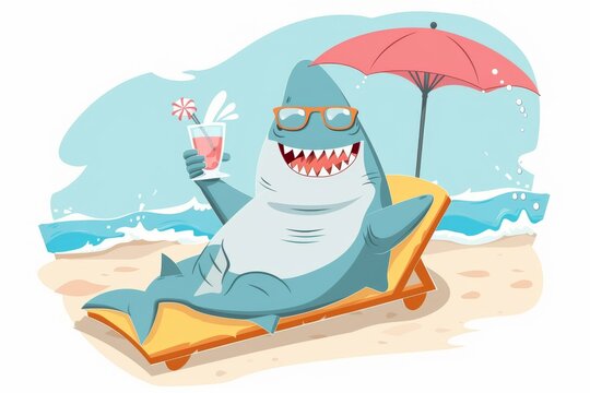Animated shark enjoying a tropical vacation, lounging under an umbrella on the beach.