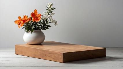 Minimalistic wooden podium for product presentation with flowers. White background. AI generative. - 786622222
