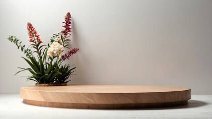Minimalistic wooden podium for product presentation with flowers. White background. AI generative. - 786622223