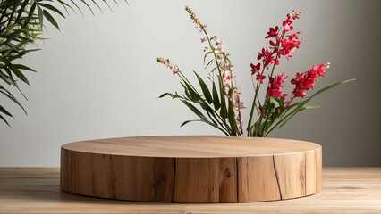 Minimalistic wooden podium for product presentation with flowers. White background. AI generative. - 786622233