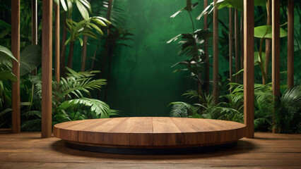 Wooden pedestal podium for product presentation in tropical forest. AI generative. - 786622248