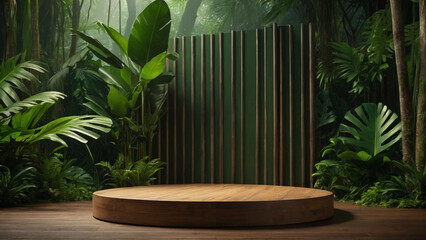 Wooden pedestal podium for product presentation in tropical forest. AI generative. - 786622268