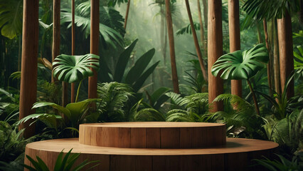 Wooden pedestal podium for product presentation in tropical forest. AI generative. - 786622296