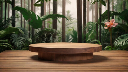 Wooden pedestal podium for product presentation in tropical forest. AI generative. - 786622297