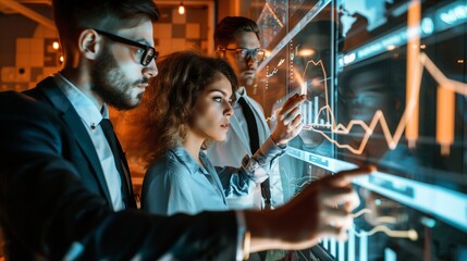 A team of professionals actively interacts with the interactive screen, because it helps to visualize data and quickly understand complex indicators.