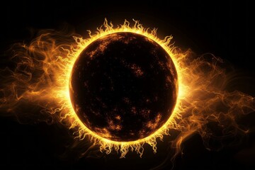 3d rendering of the sun with its corona and atmosphere, flames around it, black background, hyper realistic, intricate details - obrazy, fototapety, plakaty