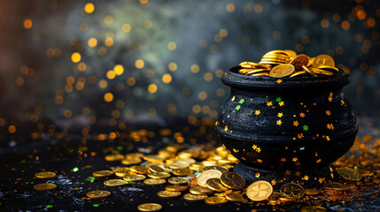 black pot with golden coin - obrazy, fototapety, plakaty