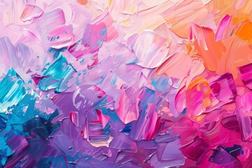 Abstract background with acrylic oil painting strokes, pink blue purple orange colors, texture of rough brush and palette knife art style. Hand drawn wallpaper for design, print on canvas or poster - obrazy, fototapety, plakaty