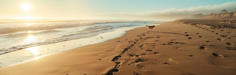 sun set at the beach with footprints
