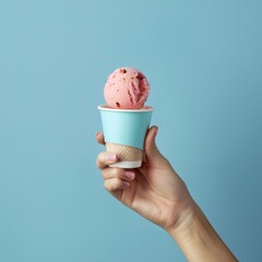 Hand holding ice cream cup on blue background, summer concept