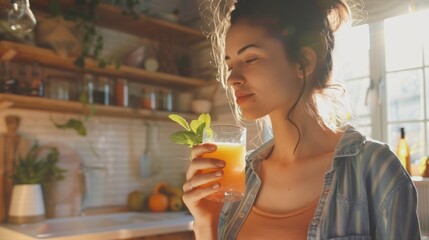A woman in the kitchen holds a glass of orange juice with a sunny window in the background.