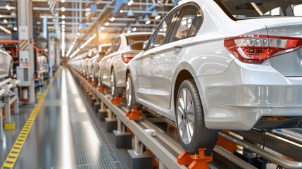 3D rendering of cars on a production line in a factory, showcasing unfinished vehicles in a row on an assembly conveyor
