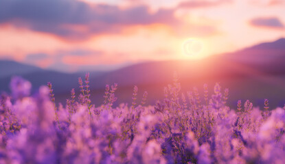 Endless fields of wild lavender against the backdrop of a majestic sunset over a mountain range