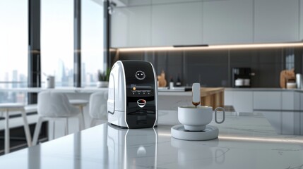 Sleek, modern kitchen showcasing an advanced coffee machine on a marble countertop