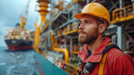 Industry with cargo ship engineer worker in safety suit work in factory