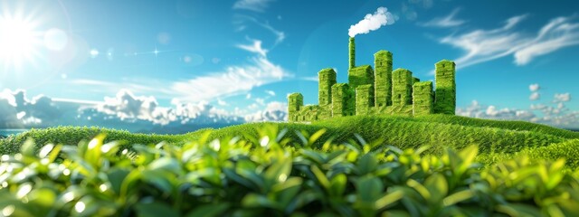 Eco-Friendly Green Architecture Concept: structure made of leaves, set in a vibrant field under a clear sky.