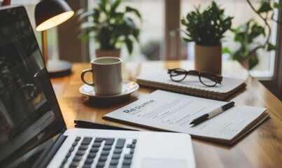 Close-up of a professional resume on a wooden desk with a laptop, coffee, and glasses.