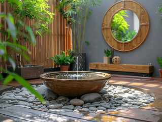 A serene scene of a beautifully arranged living space with feng shui elements like bamboo plants a water fountain