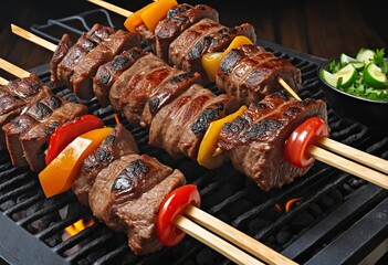 Skewered meat barbecue in bright colours  - obrazy, fototapety, plakaty