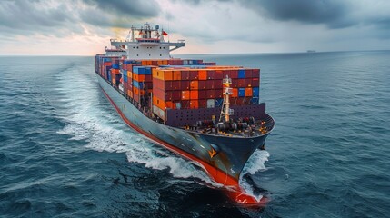 Big container cargo ship overcomes the big waves and sails to the port