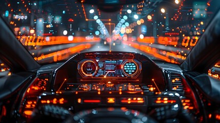 Cutting-Edge Autonomous Vehicle's Futuristic Dashboard and Sensor Network Illuminating the City Skyline at Night