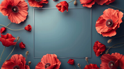 Red poppy border frame for memorial's day - obrazy, fototapety, plakaty